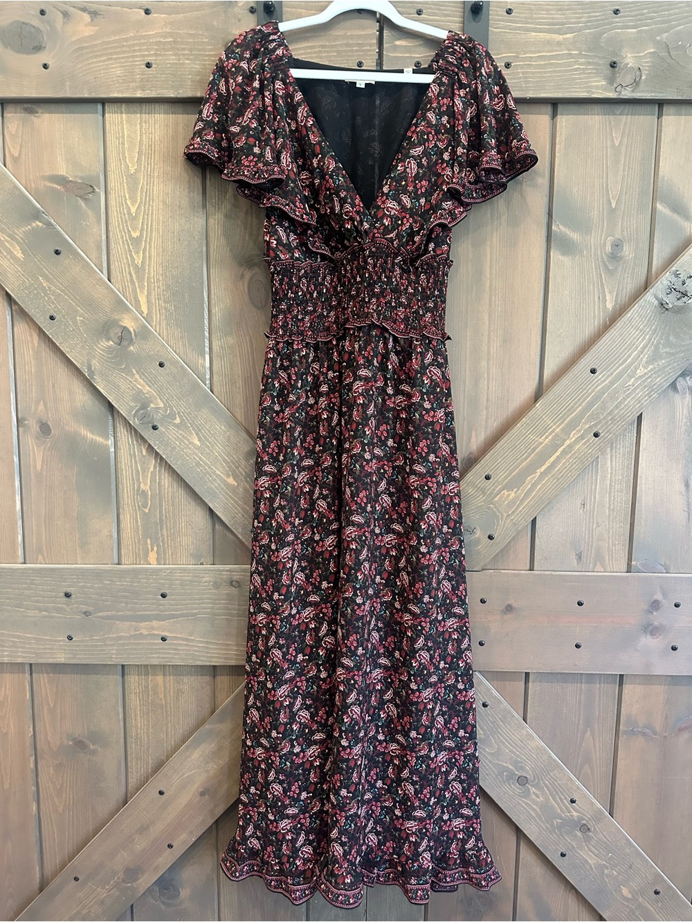 Max Studio Black Maxi Dress with Burgundy Floral Print